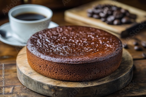 Delicious freshly baked chocolate cake and coffee on a rustic wooden table
