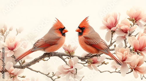 Beautiful Northern Cardinal pair resting together flowering magnolia branch surrounded soft pastel bloom isolated bright white backdrop ar 169 s 750 style raw darya relaxed Create explore organize photo