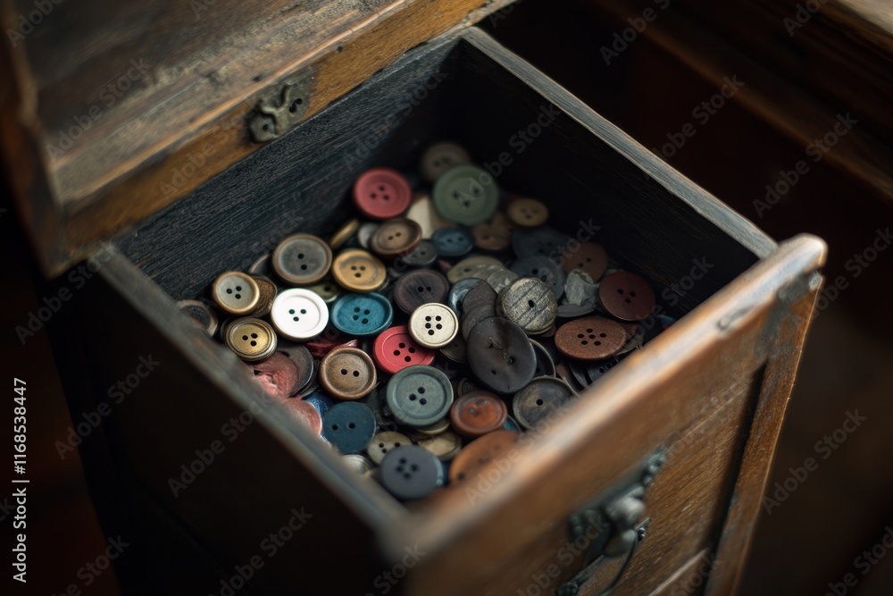 Antique Wooden Drawer Filled With Colorful Buttons Antique Wooden Drawer Filled With Colorful Buttons