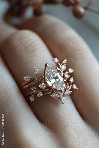 Elegant floral engagement ring set with diamonds on a hand