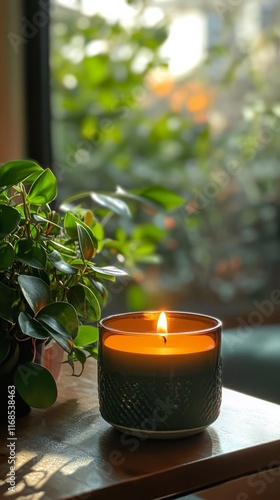Warm candlelight illuminating a cozy interior with greenery during daylight