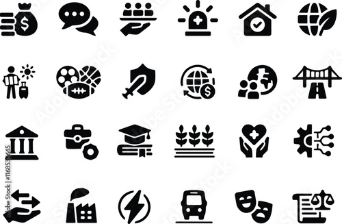 Sector of society icon set. Containing agriculture, education, healthcare, energy, technology, transportation, arts, justice. vector illustration