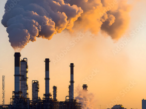 Industrial pollution. Silhouetted refinery chimneys and smoke stacks billowing dark, grey and orange smoke against a vibrant sunset sky. Air pollution from fossil fuel burning. Climate change, global 
