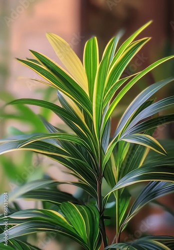 Lush green palm leaves capture sunlight in a serene indoor environment