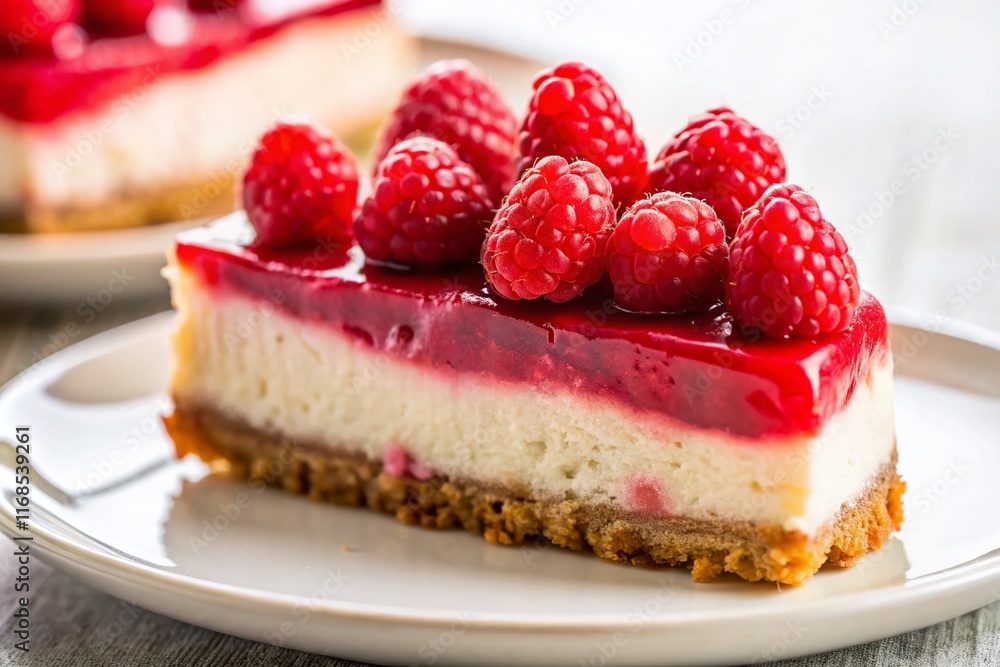 Delicious Fresh Raspberry Cheesecake on White Plate - Stock Photo Delicious Fresh Raspberry Cheesecake on White Plate - Stock Photo