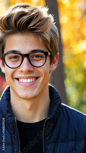 Young man with glasses smiles warmly in autumn park setting with colorful foliage