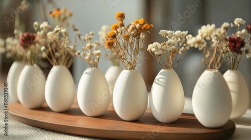 Decorative arrangement of dried flowers in white vases on a wooden tray