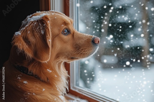 Dog gazing out at falling snowflakes on a winter day