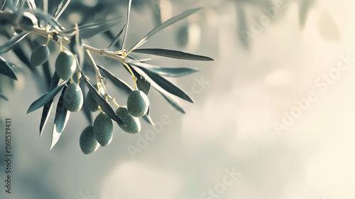 Fresh green olives hang from a branch in a calming natural setting during day...