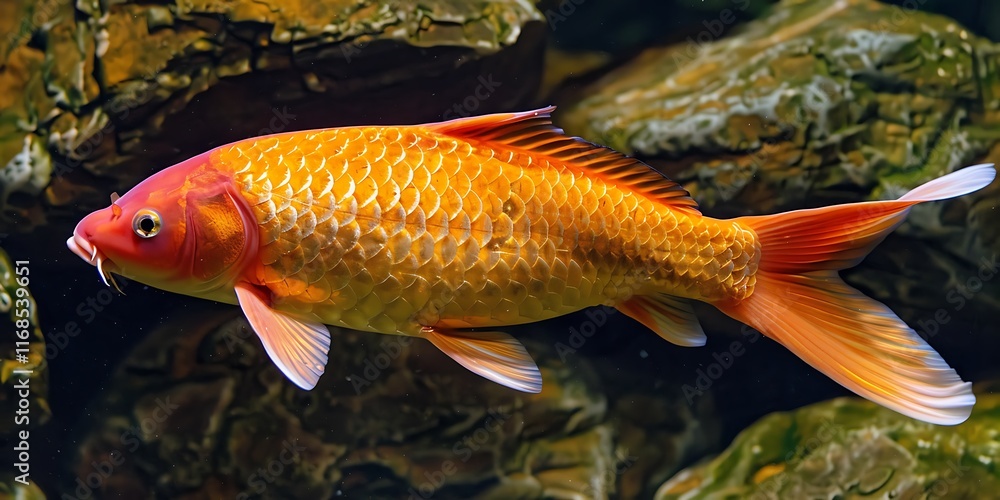 bright orange koi fish swimming in calm pond bright orange koi fish swimming in calm pond