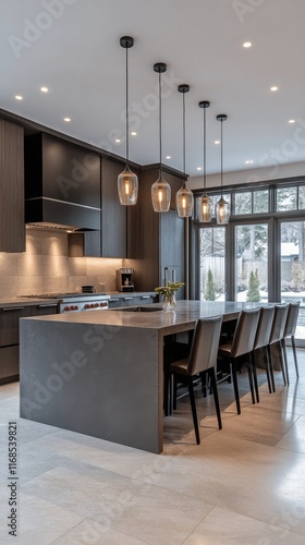 Elegant modern kitchen with wooden accents and stylish pendant lighting in a ...