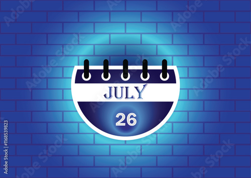 A stylized calendar page displaying July 26th is shown against a blue brick wall background.  The design is clean and modern, ideal for digital use.