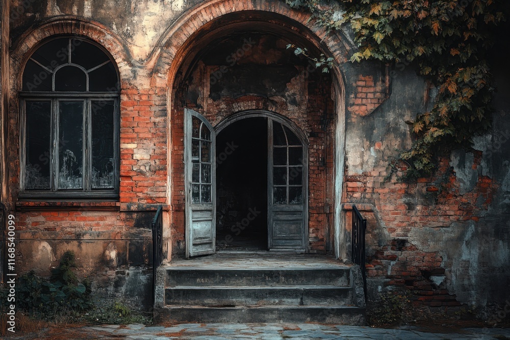 Fototapeta premium Abandoned building entrance with weathered walls and overgrown vines