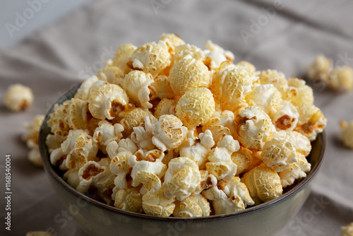 Homemade Kettle Corn Popcorn in a Bowl, low angle view. Close-up. photo