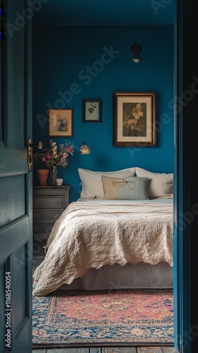 Elegant bedroom interior with blue walls and wooden furniture for a cozy atmo...