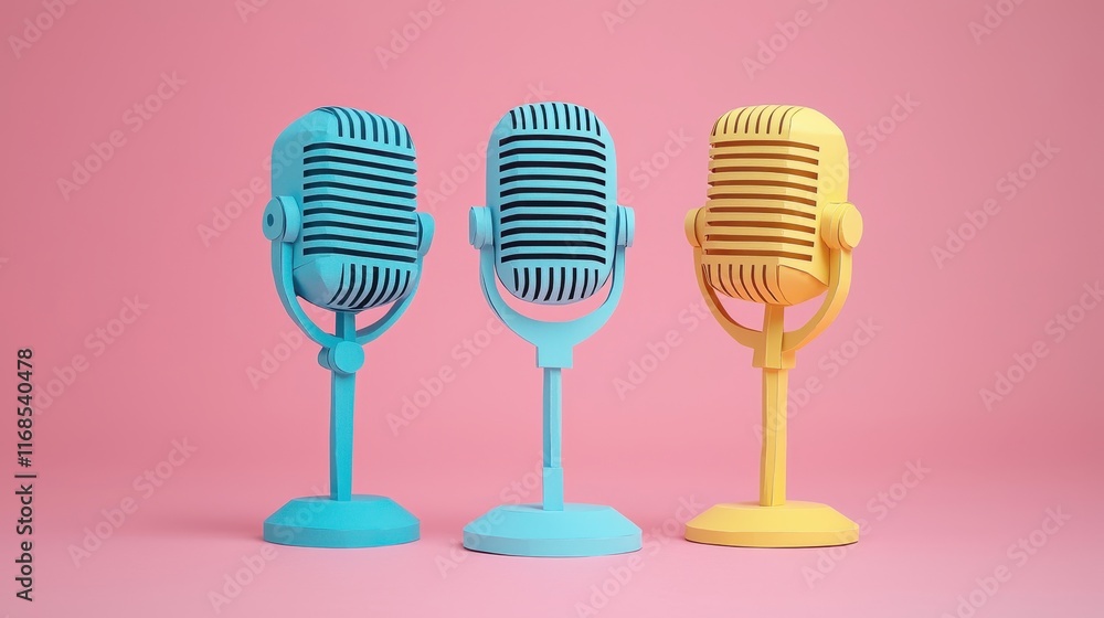 Colorful retro microphones on a pink background create a vibrant musical scene. Colorful retro microphones on a pink background create a vibrant musical scene.