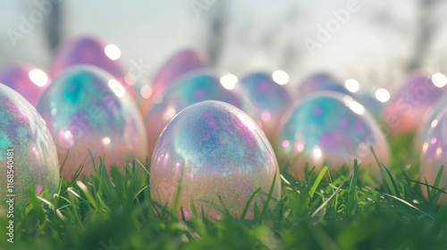 Colorful pastel eggs resting on grass in a serene spring setting