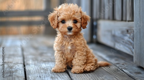 Cute fluffy puppy sitting on wooden deck in bright daylight enjoying the outd...