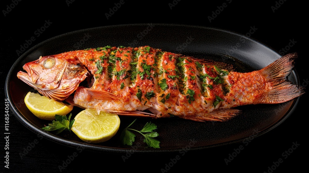 Grilled fish garnished with herbs and served with lemon slices, showcasing a delicious and appetizing presentation. Grilled fish garnished with herbs and served with lemon slices, showcasing a delicious and appetizing presentation.