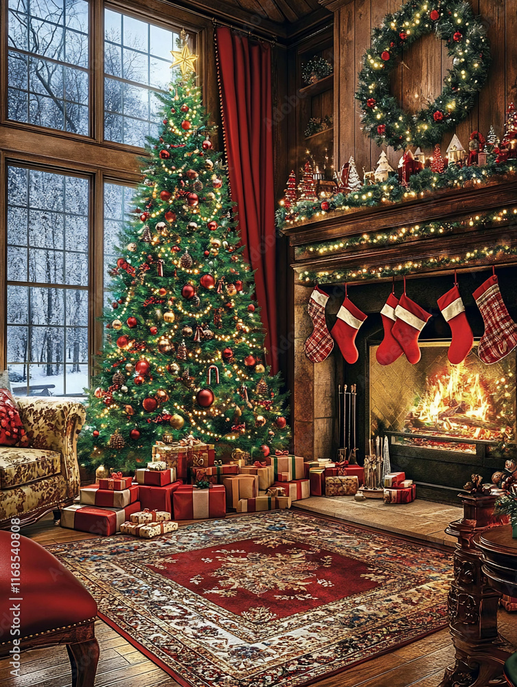 Fototapeta premium Festive Christmas living room with decorated tree, fireplace, and gifts.