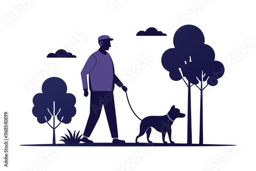 An elderly man walks with dog in the park black silhouette color white background C.eps