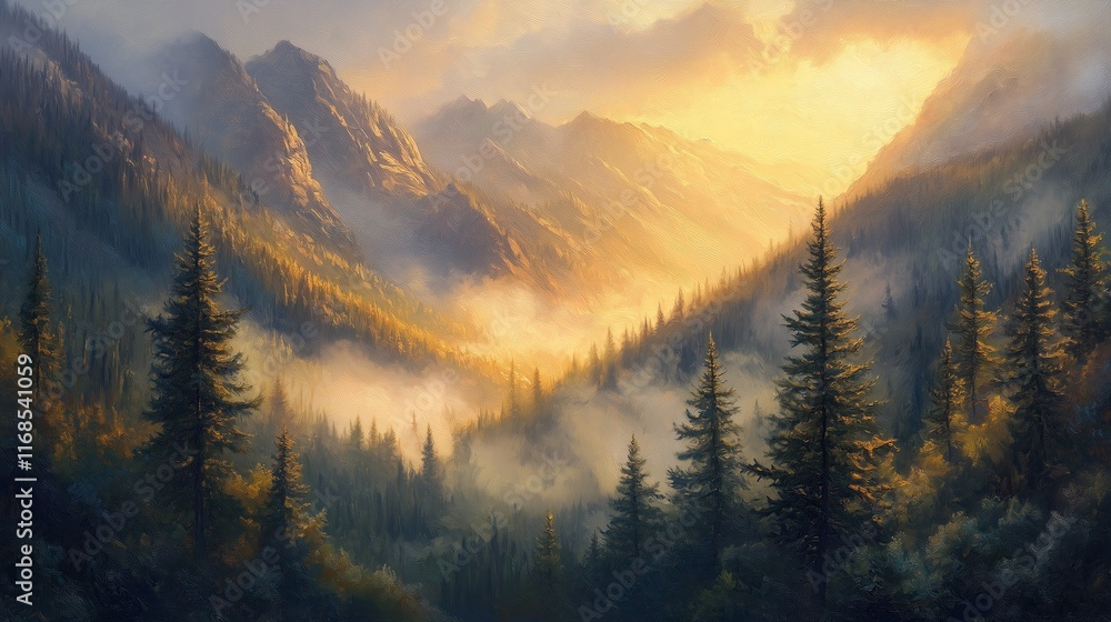 Obraz premium Misty mountain valley at sunrise, golden light filtering through pine forest, illustration