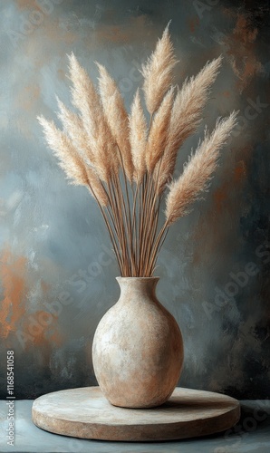 Elegant pampas grass arrangement in rustic vase against textured background