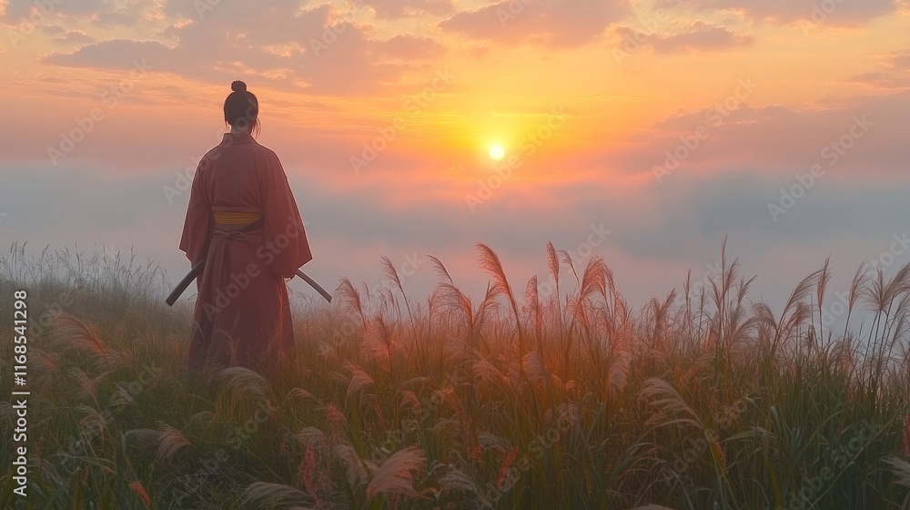 Fototapeta premium Samurai at sunrise, overlooking misty landscape.