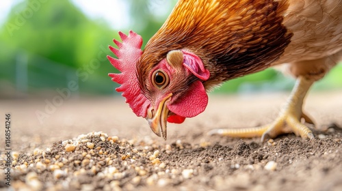 A close-up of a hen pecking at the ground, showcasing its vibrant feathers and distinctive comb, set against a blurred green background.