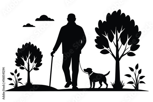 An elderly man walks with dog in the park black silhouette color white background I.eps