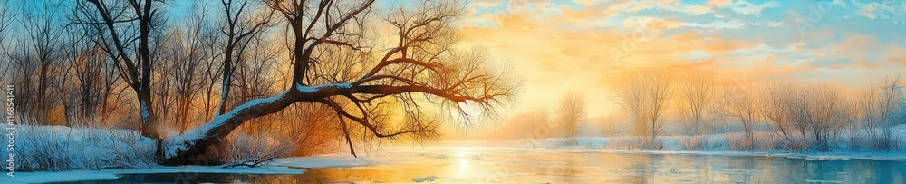 A serene winter sunrise over a frozen river with bare trees lining the banks. A serene winter sunrise over a frozen river with bare trees lining the banks.