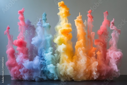 Colorful swirls of smoke rising from a forest at twilight with vibrant hues a...