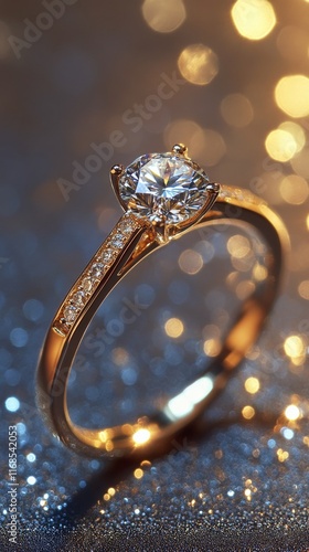 Elegant gold ring with a diamond centerpiece on a soft background in a luxury...
