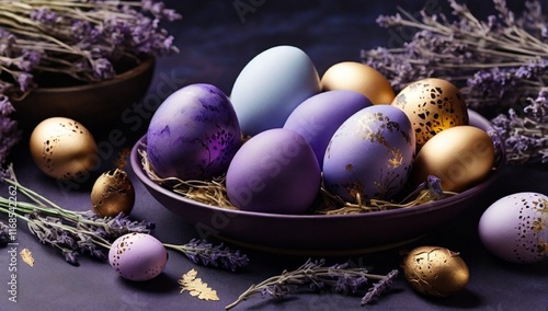 Easter card with a copy of the place for the text. Purple, blue and golden eggs with lavender on a dark background. The purple hue trend of 2022 is very relevant. Natural dye karkade tea. Top view.
 photo