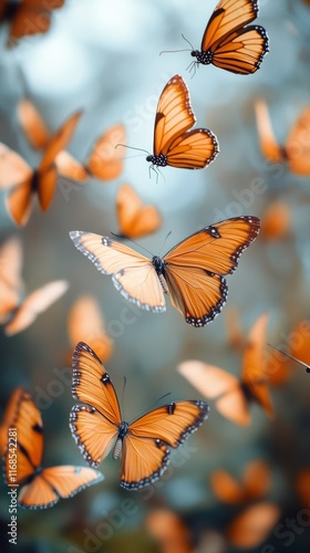 Swarm of vibrant orange butterflies fluttering through a lush garden during a...