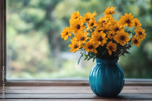 Bright yellow sunflowers in a blue vase by a window creating a warm and invit...