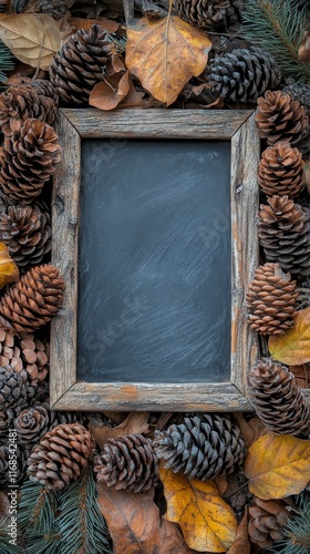 Wooden frame surrounded by pinecones and autumn leaves on a dark background