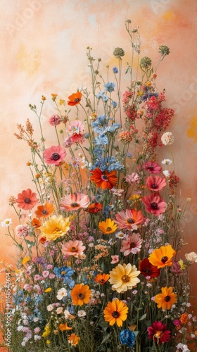 Colorful wildflowers against a soft pink wall creating a vibrant floral display