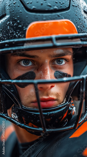 Intense focus of a football player during a rainy game in a stadium