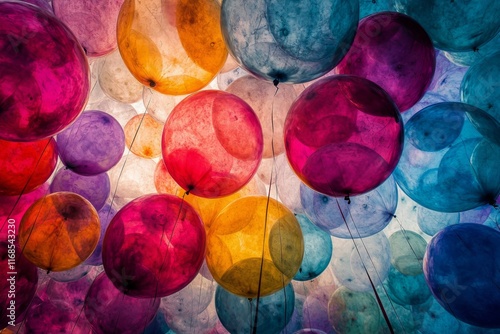 Colorful balloons floating against a bright sky during a festive event celebr...