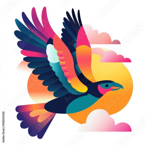 Vibrant bird soaring through a colorful sunset sky filled with abstract clouds photo