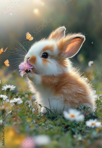 Cute bunny holding a flower surrounded by butterflies in a sunny meadow