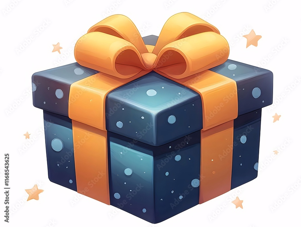Dark-blue gift box with yellow ribbon and bow, stars. Dark-blue gift box with yellow ribbon and bow, stars.
