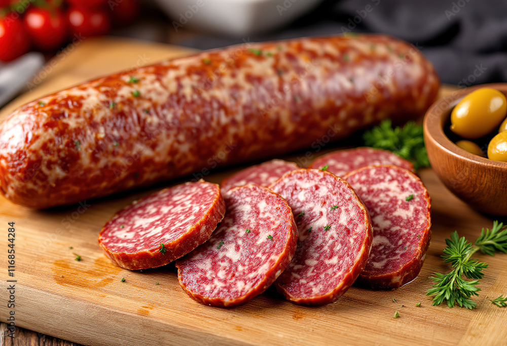 A cooked salami sausage with slices on a wooden cutting board, accompanied by fresh herbs and a small bowl of olives A cooked salami sausage with slices on a wooden cutting board, accompanied by fresh herbs and a small bowl of olives