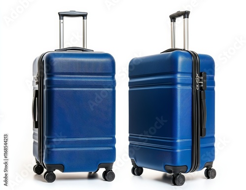 Two blue hard-shell suitcases on white background. photo