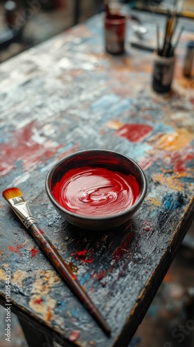 Bright red paint in a bowl with a brush on a textured surface for artistic pr...