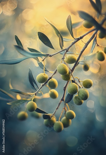 Fresh green olives hanging from a branch against a soft blue background
