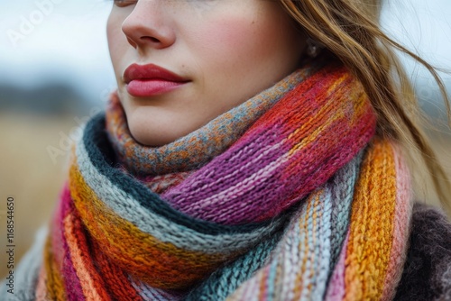 Portrait of a young woman wearing a knitted scarf in a serene outdoor setting...