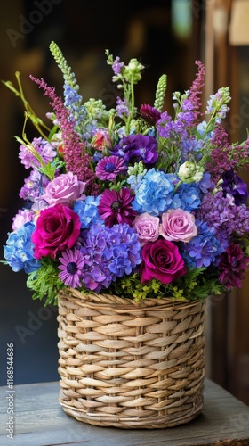 Beautiful purple floral arrangement in a wicker basket for home decor
