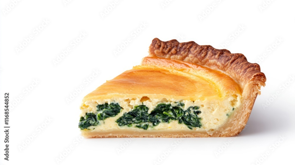 A slice of spinach quiche showcasing a flaky crust and creamy filling. A slice of spinach quiche showcasing a flaky crust and creamy filling.